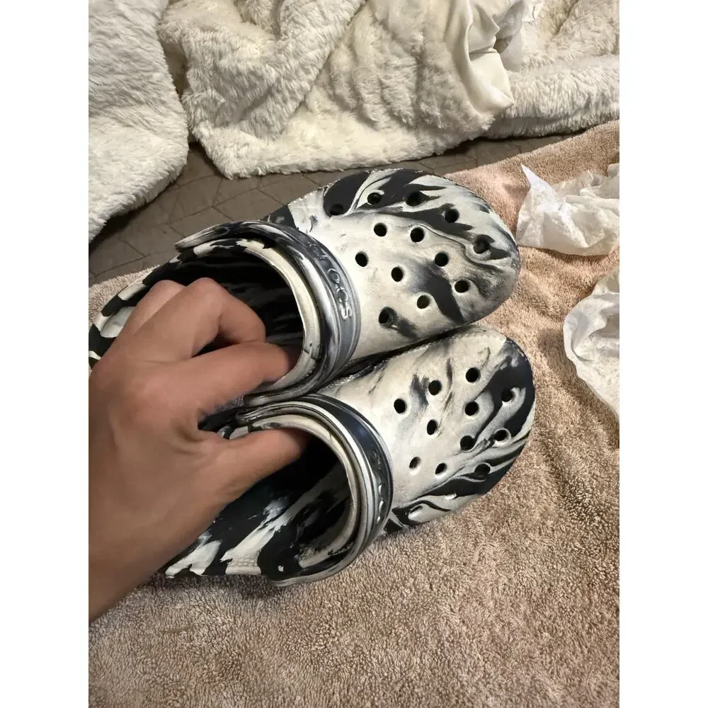 Crocs Classic Clog Slip-On Sandal Black/White Marbled Rubber Logo US 13